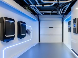 Futuristic Smart Garage Door System – Mahtomedi, MN Ultra-modern Mahtomedi garage interior featuring smart wall panels, wireless controls, and a sleek insulated overhead door with blue LED accent lighting.