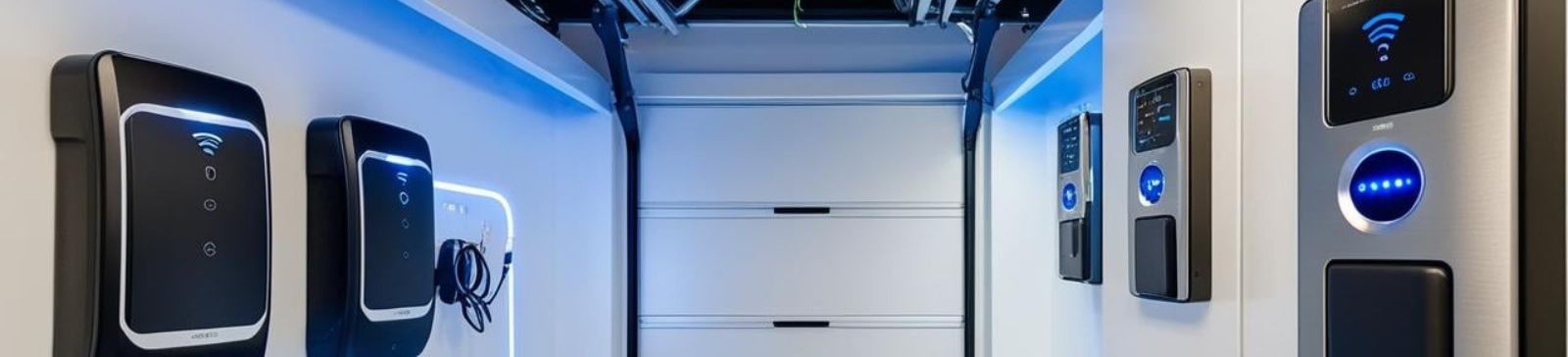 Ultra-modern Mahtomedi garage interior featuring smart wall panels, wireless controls, and a sleek insulated overhead door with blue LED accent lighting.